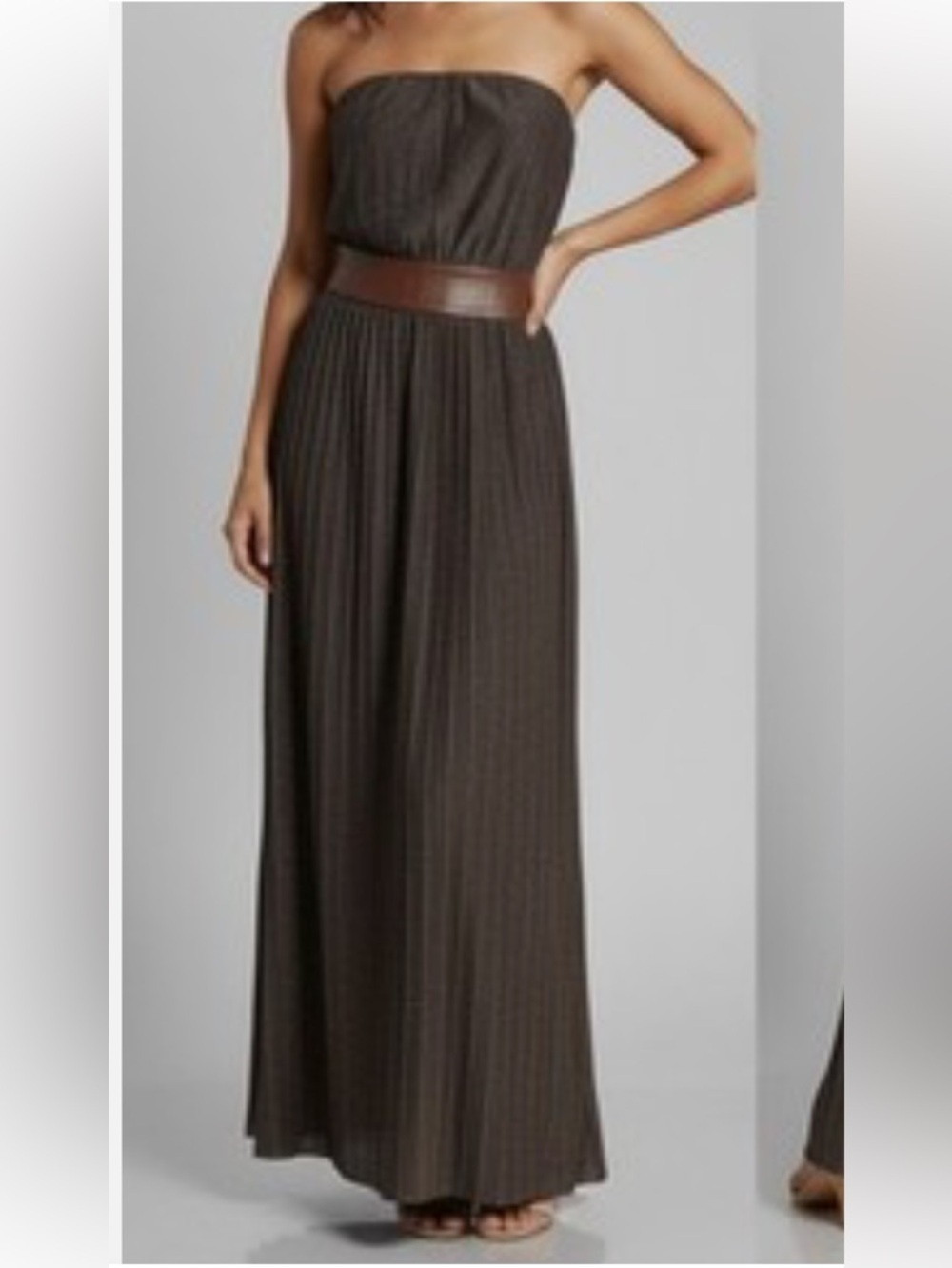 Dress the Population TUBE Metallic Brown Pleated Maxi Dress Wide Belt Sz M  C-27